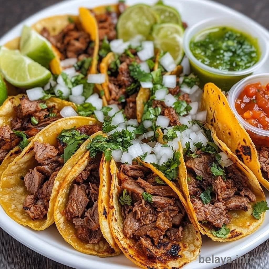 Street tacos with lime, cilantro, onions, and salsa