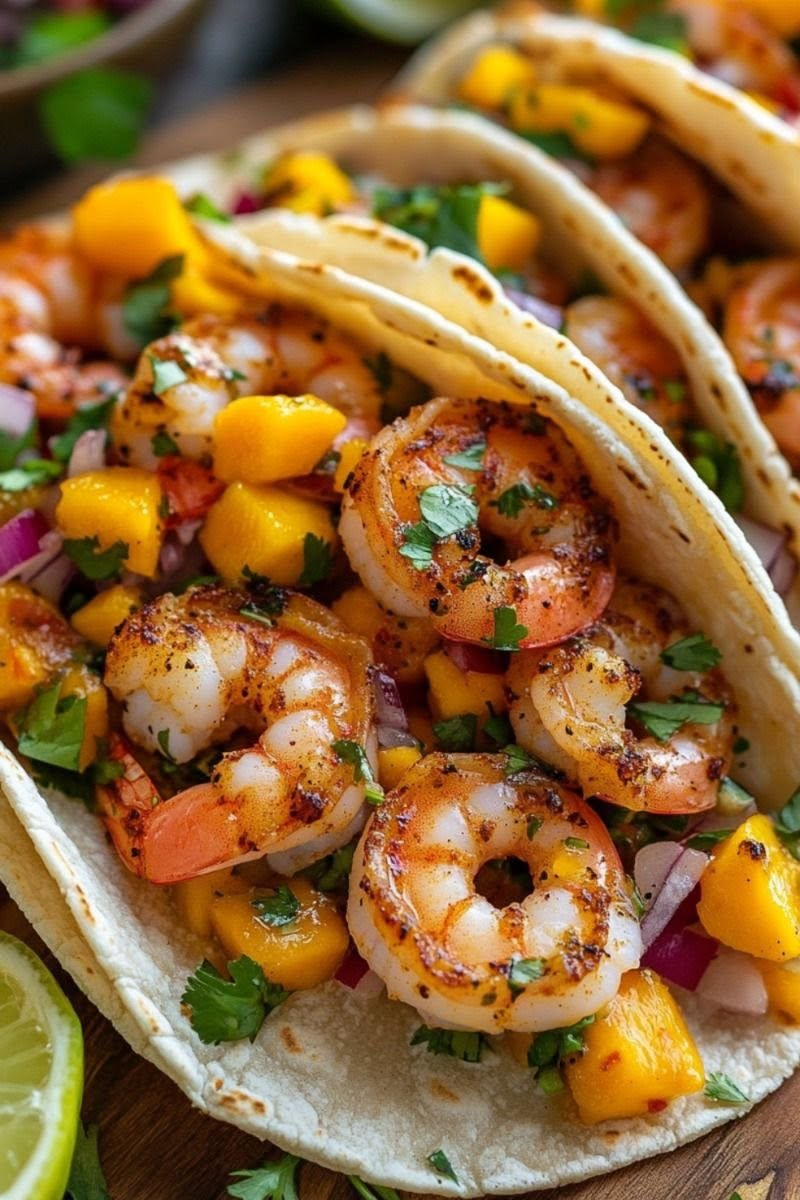 Shrimp tacos with mango salsa and cilantro
