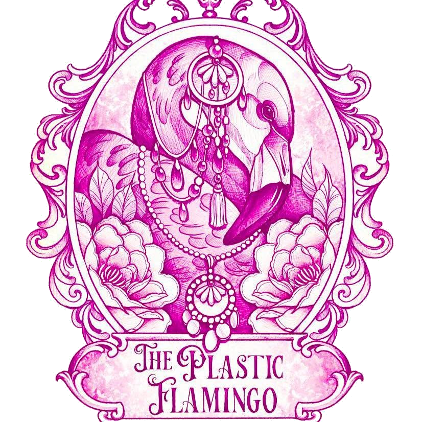 The Plastic Flamingo artwork with a flamingo, flowers, and ornate magenta linework