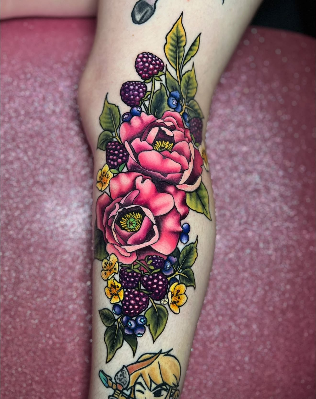 Pink rose and berry neo-traditional tattoo