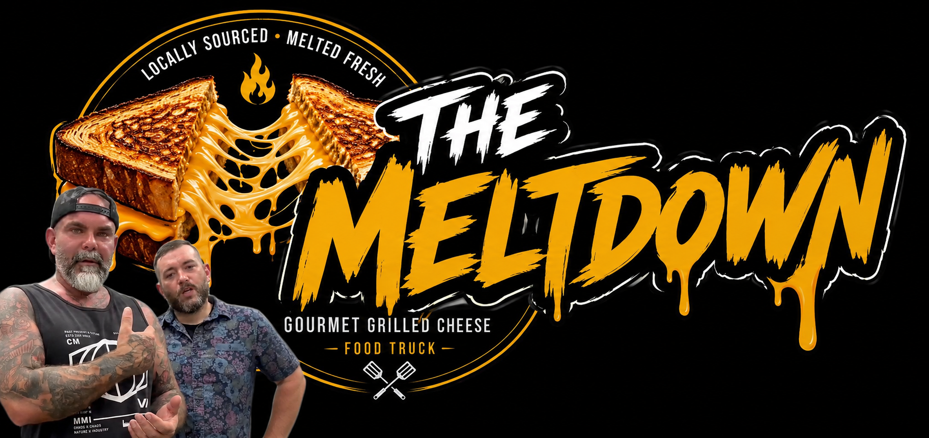 The Meltdown founders in front of the brand logo