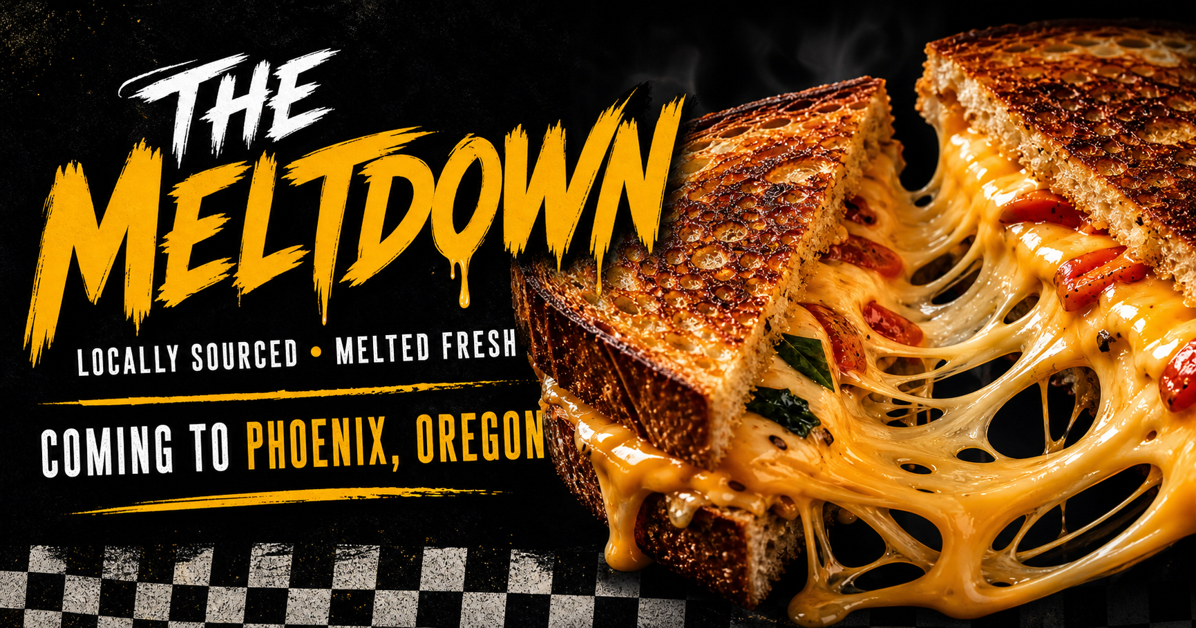 A golden gourmet grilled cheese with an epic cheese pull